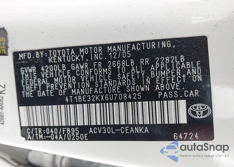 2006 Toyota Camry Le из США, поврежденный, VIN 4T1BE32KX6U708425